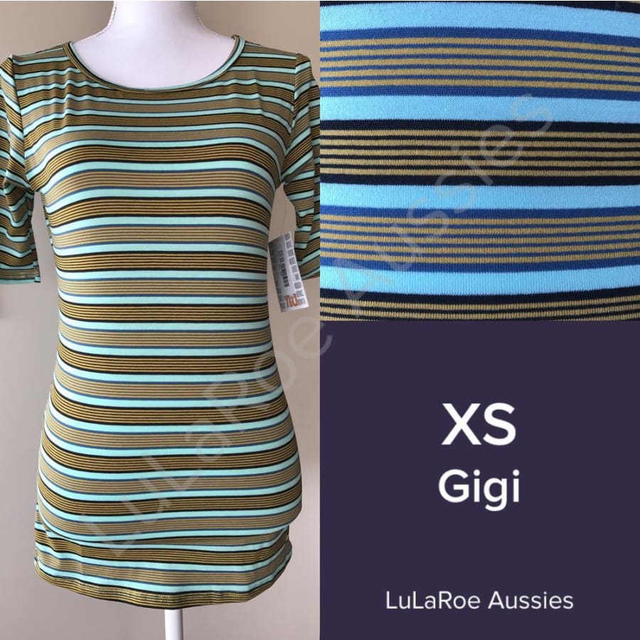 Lularoe Gigi Xs / Aqua Stripe With Mustard/black/slate Thin Stripes Tops
