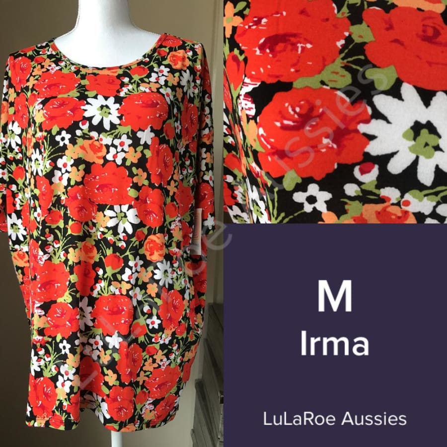 Lularoe Irma M / Black With Red/salmon/olive Roses Tops