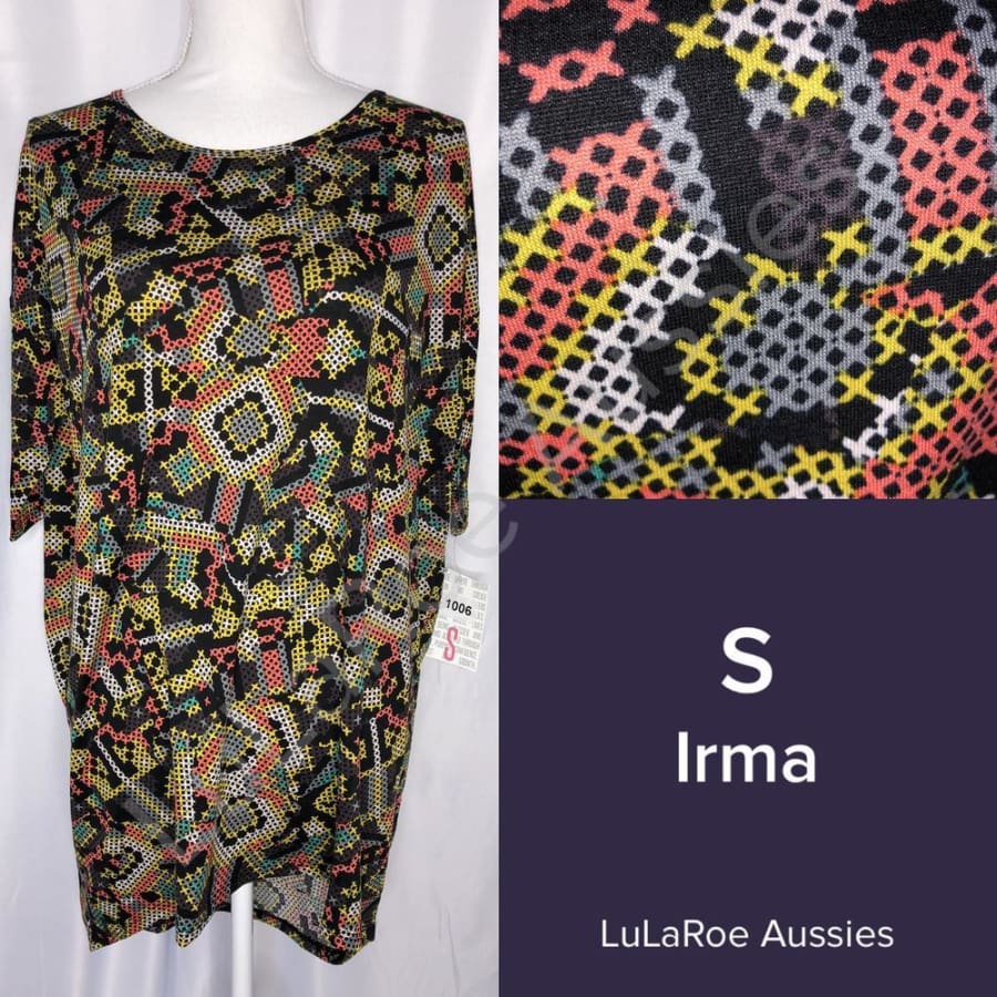 LuLaRoe Irma S / Green Black White Yellow Brown Grey Geo Tops