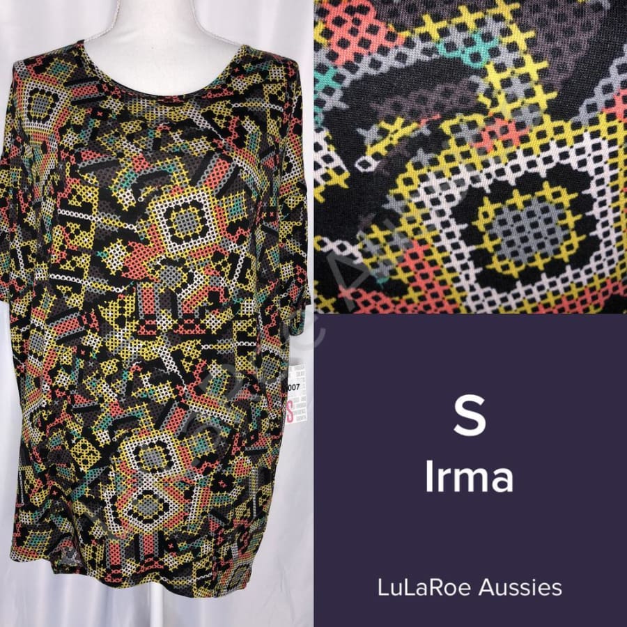 LuLaRoe Irma S / Green Black White Yellow Brown Grey Geo Tops