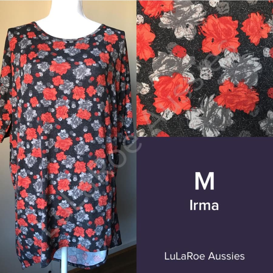 Lularoe Irma M / Black With Crimson/grey Roses Tops