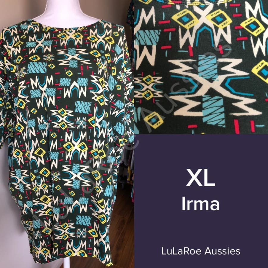 Lularoe Irma Xl / Olive With Aqua/magenta/lime Abstract Symbol Tops