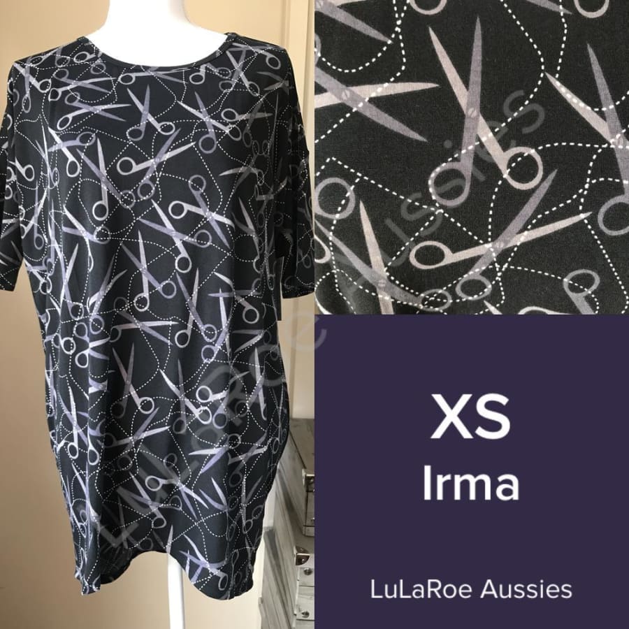 Lularoe Irma Xs / Black With Grey Scissors And White Dotted Threads Tops