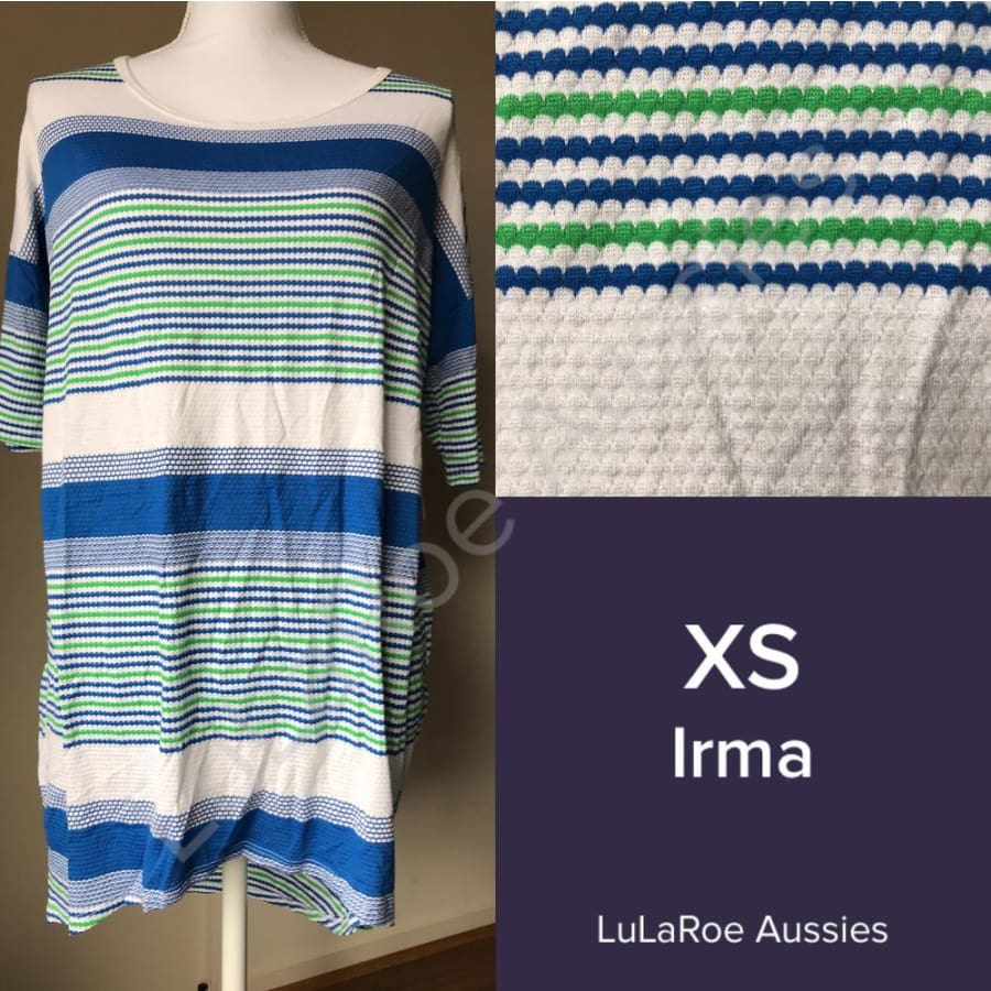 Lularoe Irma Xs / White With Royal Blue And Green Stripes Scalloped Tops