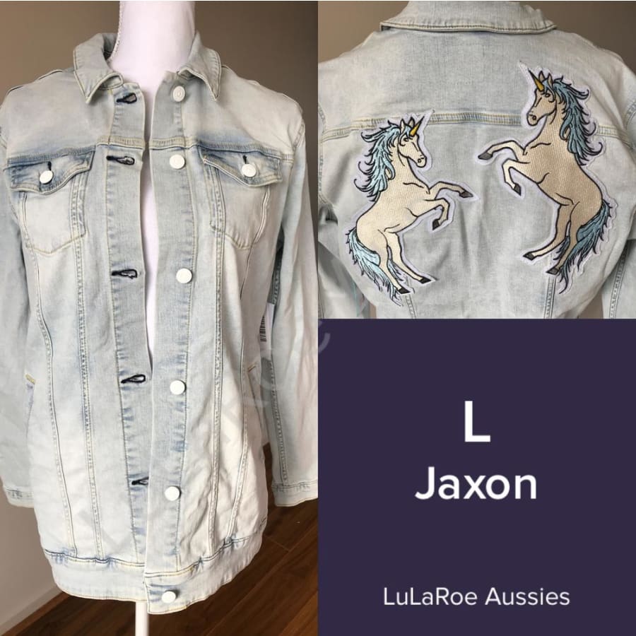 LuLaRoe Jaxon L / Light Blue Denim with Embroidered Unicorns on back Coverups