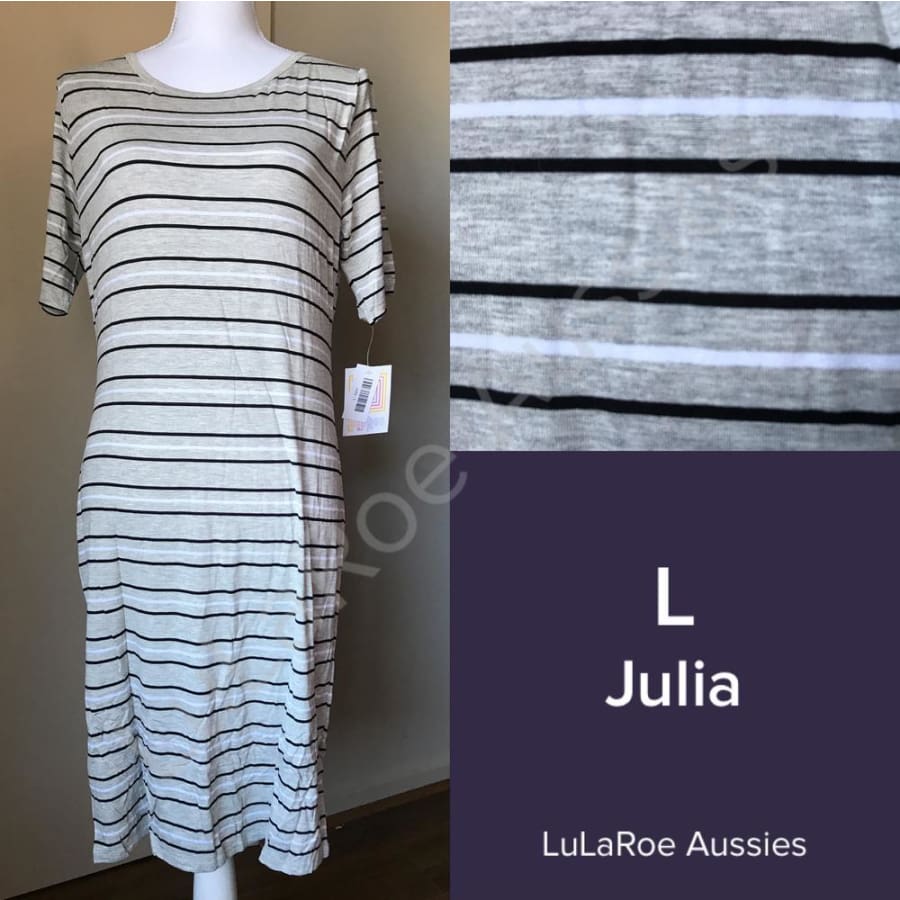 Lularoe Julia L / Oatmeal Heather With Black And White Stripes Dresses