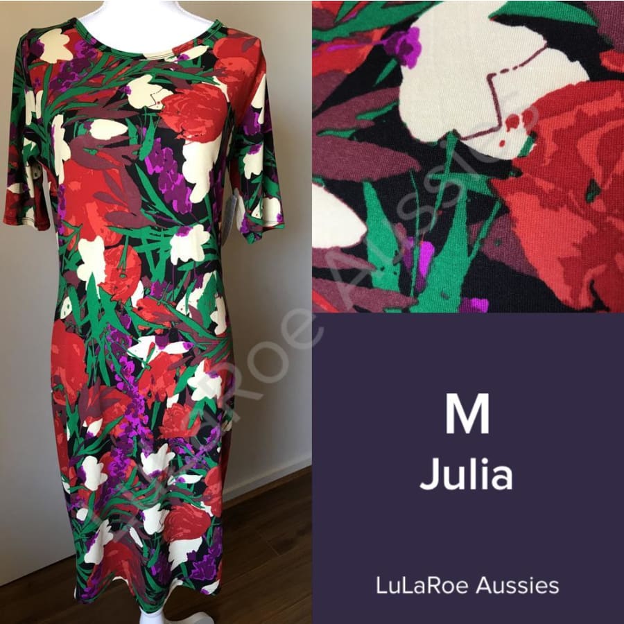 Lularoe Julia M / Black With Crimson/purple/green/cream Floral Dresses