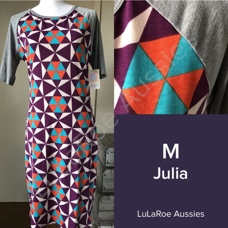 Lularoe Julia M / Eggplant With Orange/turquoise/cream Geo And Grey Heather Sleeves Dresses