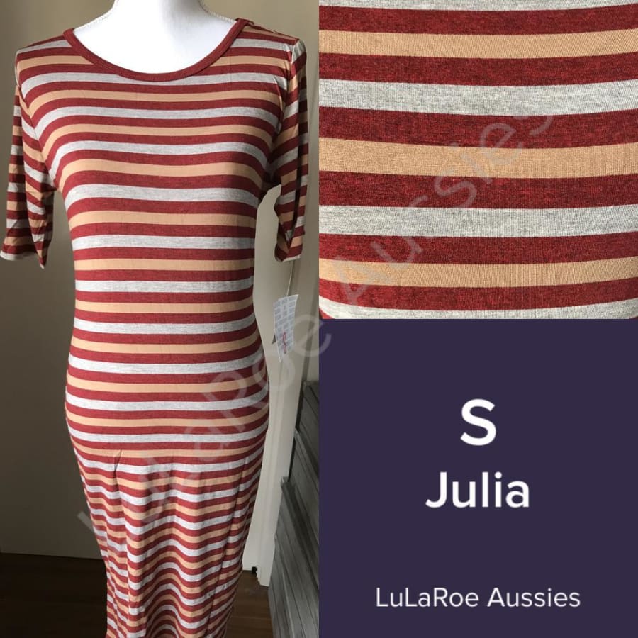 Lularoe Julia S / Crimson/oatmeal Heather And Tan Stripes Dresses