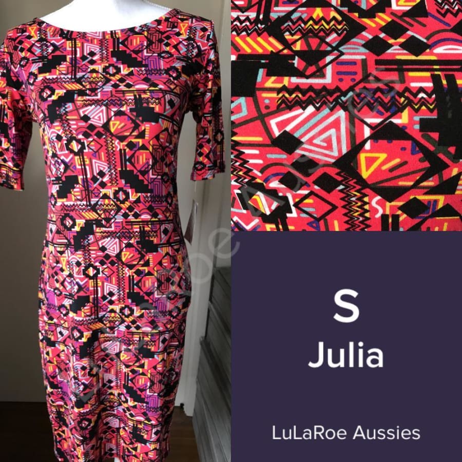 Lularoe Julia S / Dark Pink With Black/blue/aqua/yellow/green Geo Dresses