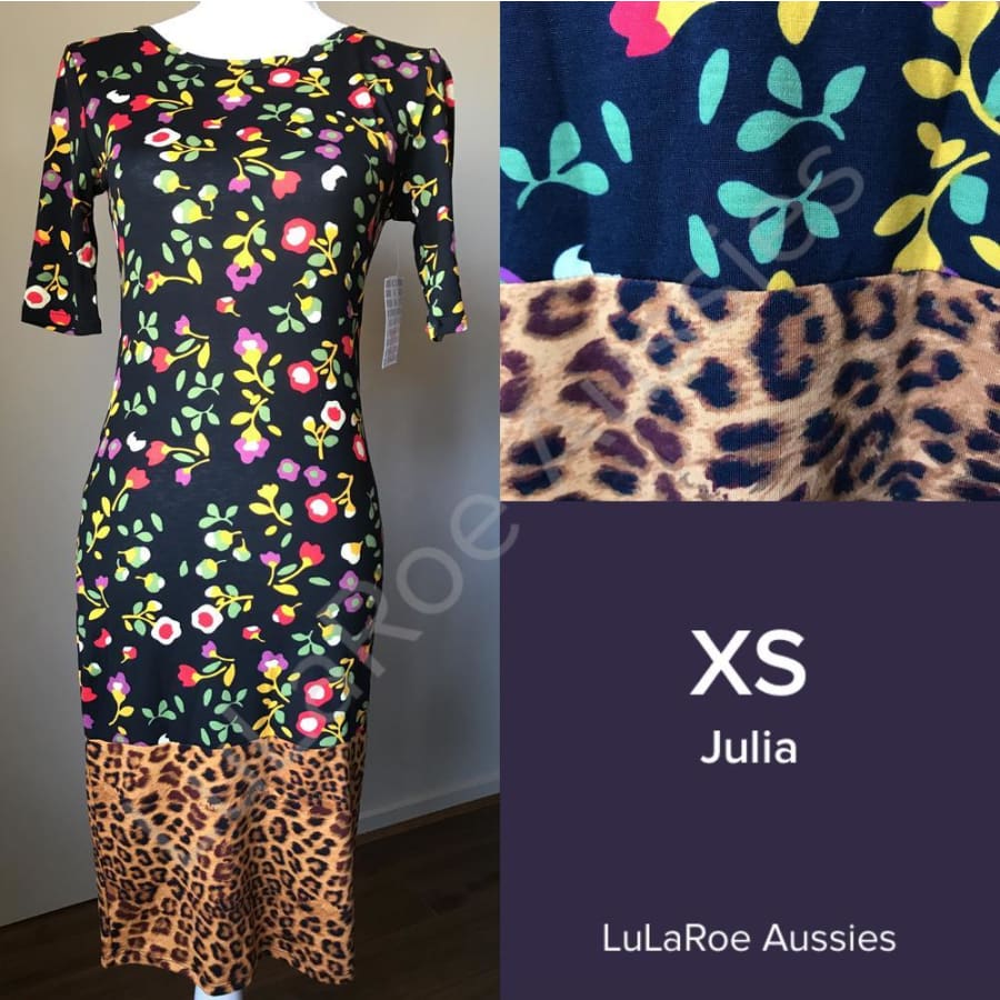 Lularoe Julia Xs / Black Red/olive/mustard Floral Dipped In Leopard Dresses