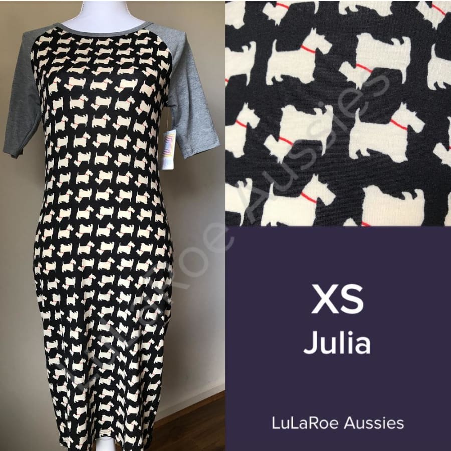 Lularoe Julia Xs / Black With Cream Terriers Grey Heather Sleeves Dresses
