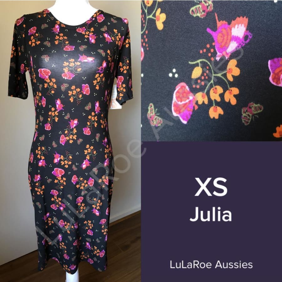 New LuLaRoe Julia Dress Women's Size XXS Black Bright Flowers Tulips Floral