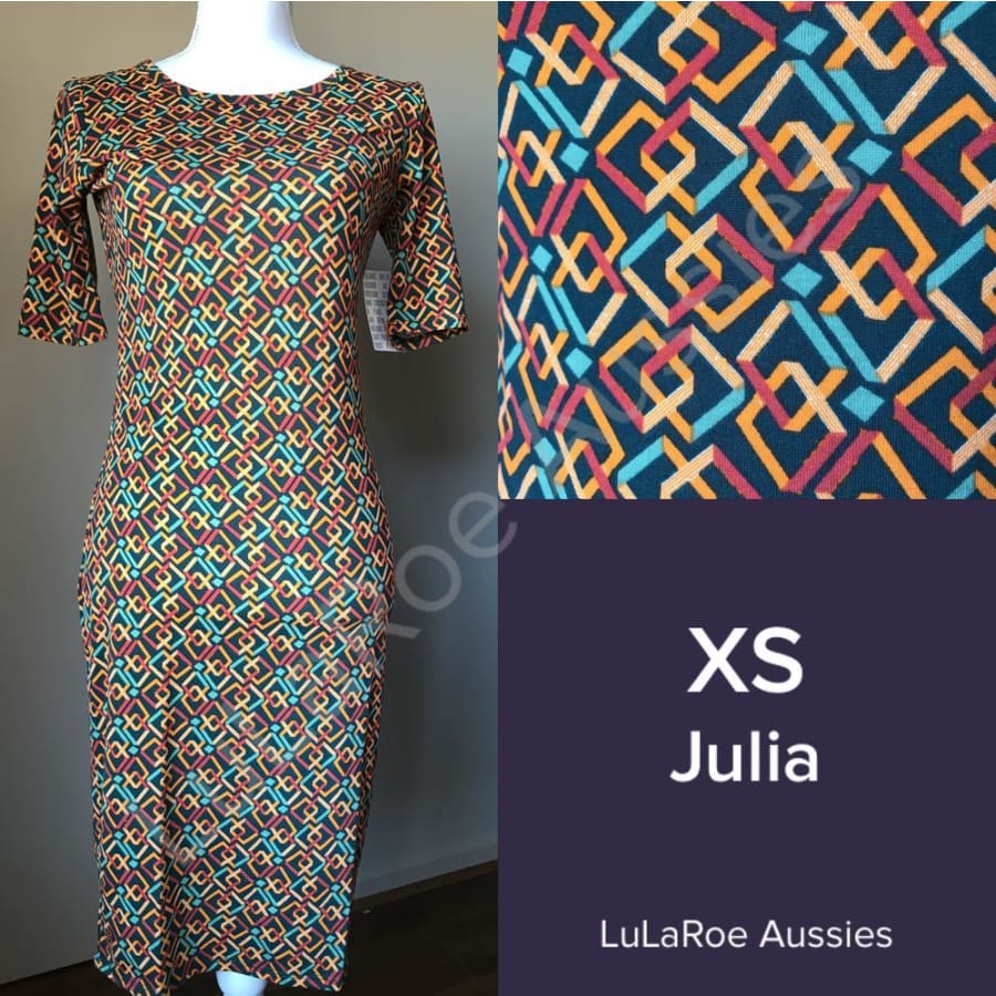 Lularoe Julia Xs / Hunter Green/orange/crimson Geo Dresses