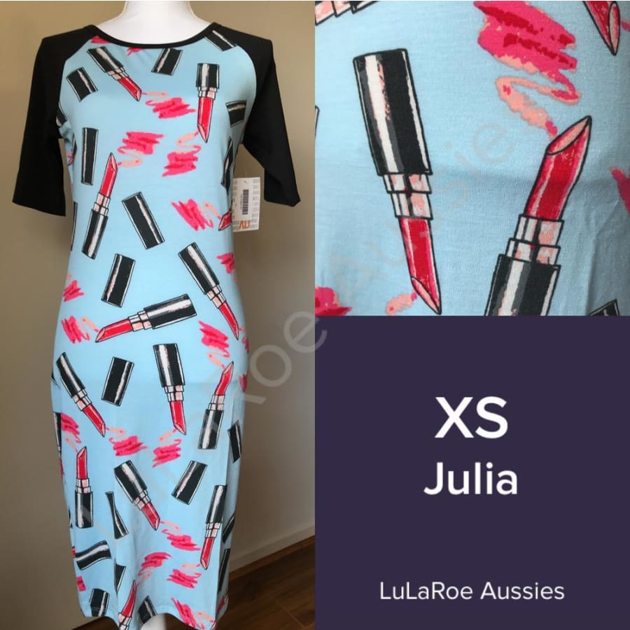 Lularoe Julia Xs / Light Blue With Lipsticks And Black Sleeves Dresses