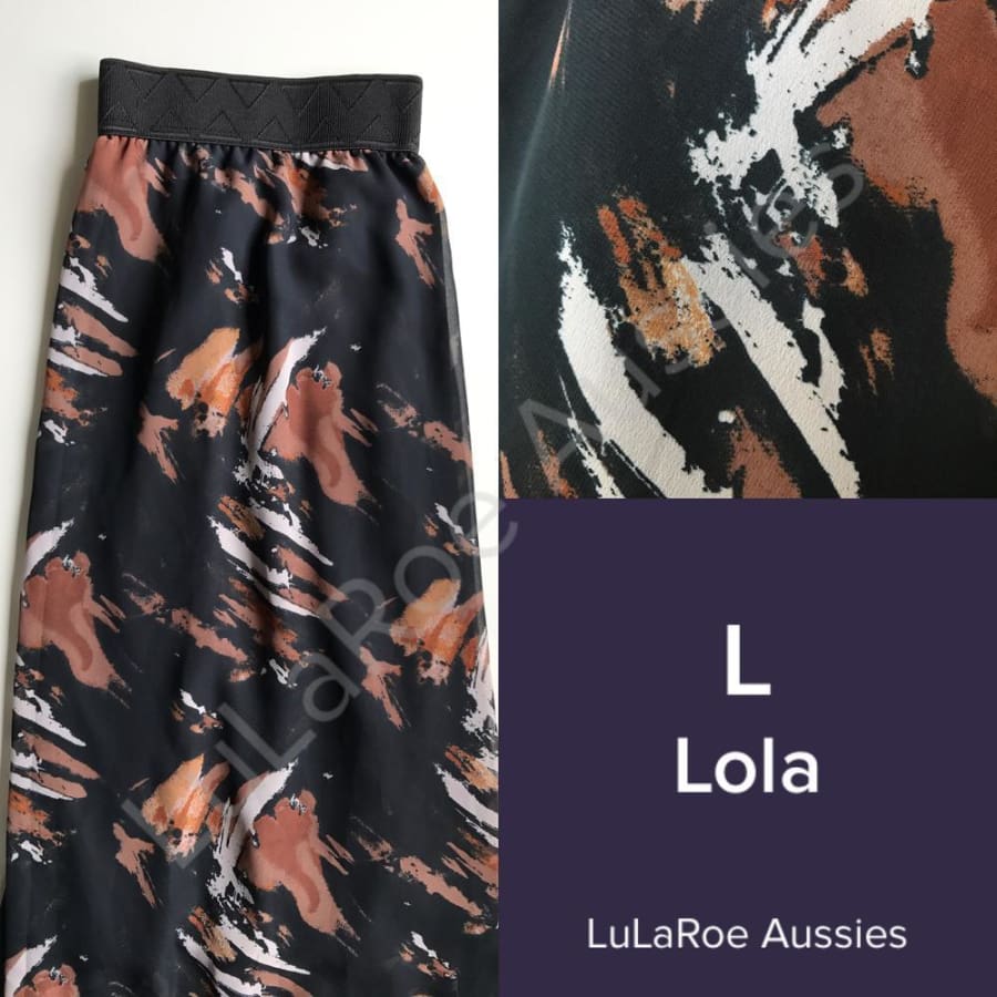 Lularoe Lola L / Black With Brown/burnt Orange/beige Streaks, Waistband, Chiffon Skirts