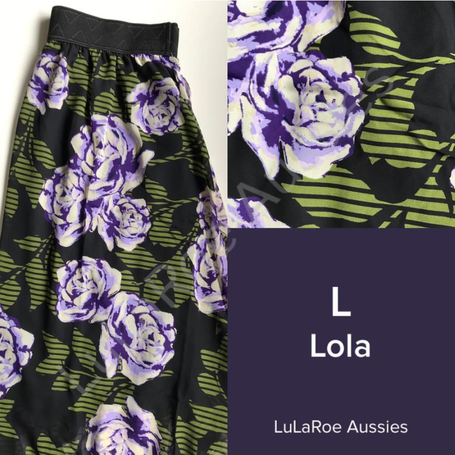 Lularoe Lola L / Black With Striped Olive Leaves, Purple/cream Roses, Waistband, Chiffon Skirts