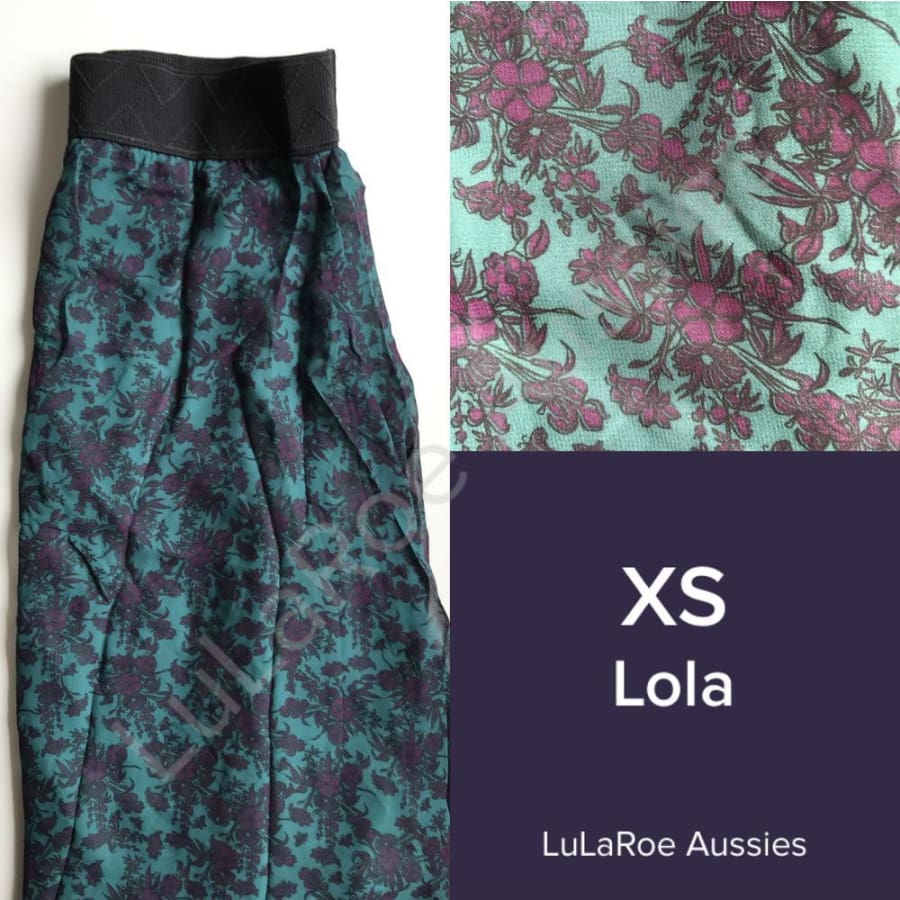 Lularoe Lola Xs / Deep Teal With Purple Floral, Black Waistband, Chiffon Skirts
