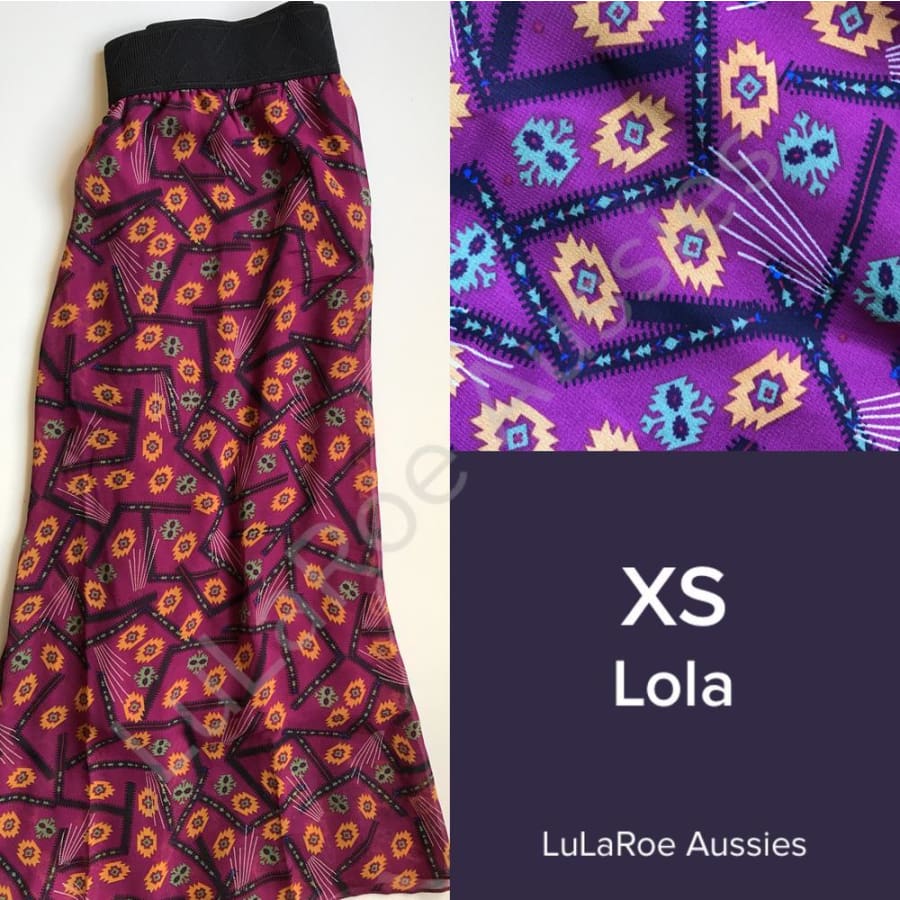 Lularoe Lola Xs / Magenta With Orange/olive/black Aztec, Black Waistband, Chiffon Skirts
