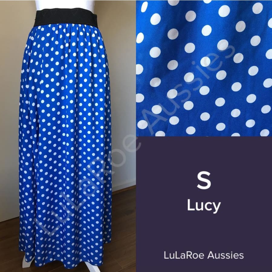 Lularoe Lucy S / Royal Blue With White Polka Dots, Black Waistband, Crepe Skirts