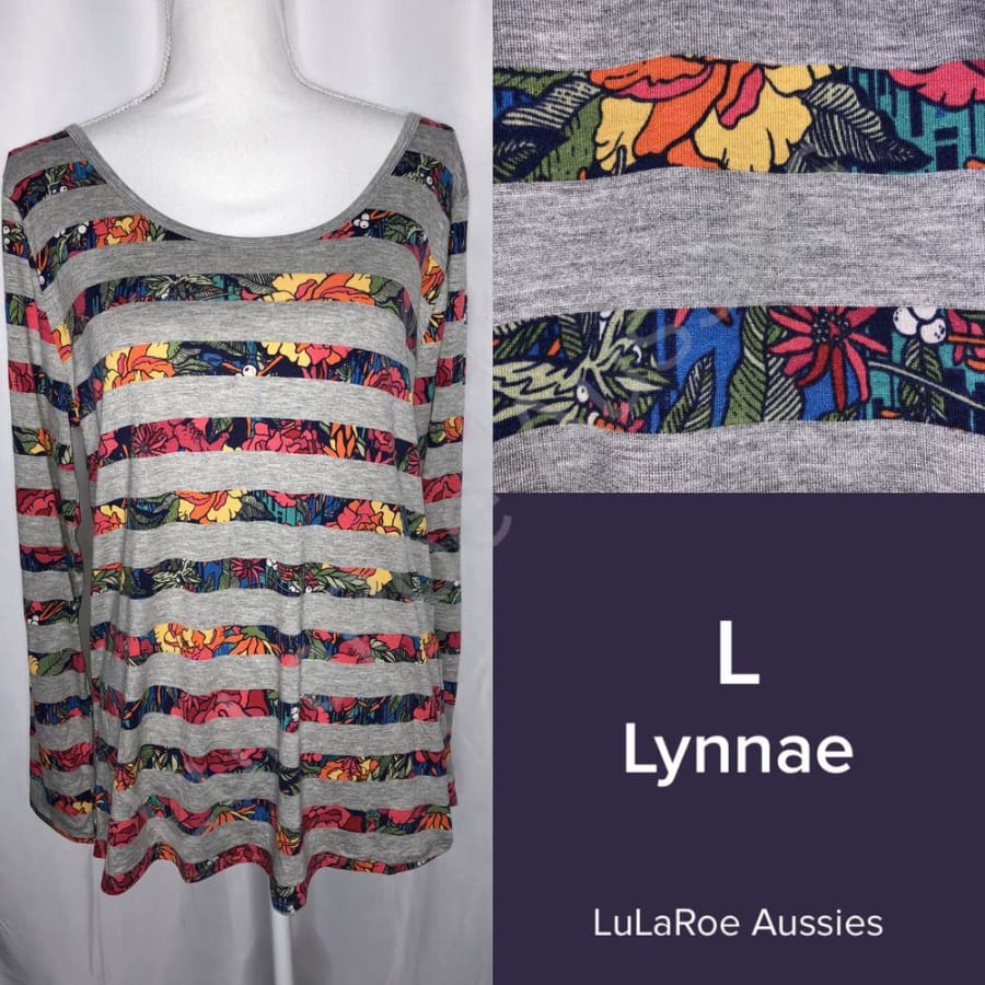 LuLaRoe Lynnae L / Bright Floral Heather Grey Stripe Tops