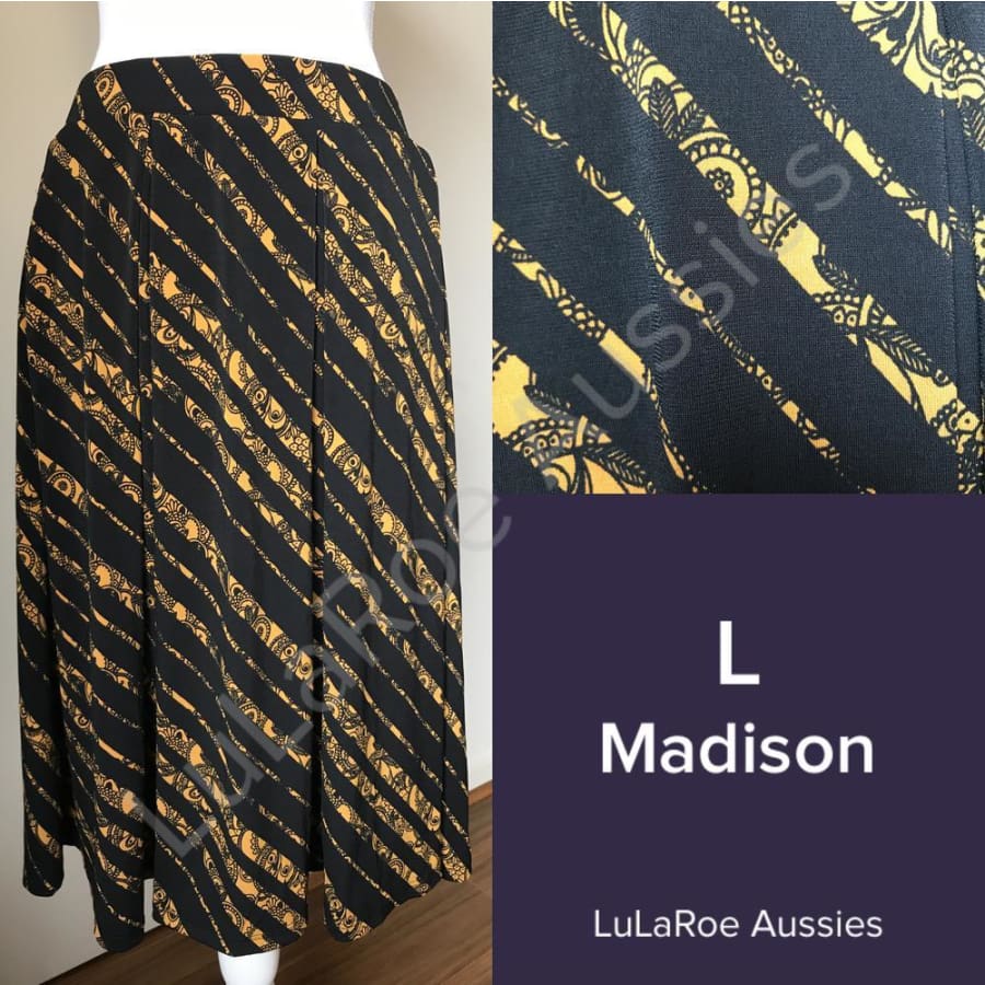 Lularoe Madison L / Black With Gold Paisley Stripes, Slinky Skirts