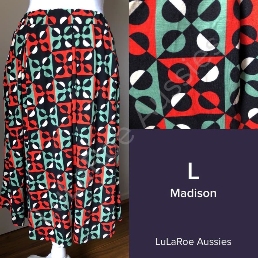 Lularoe Madison L / Black/red/green/cream Geo, Jersey Skirts