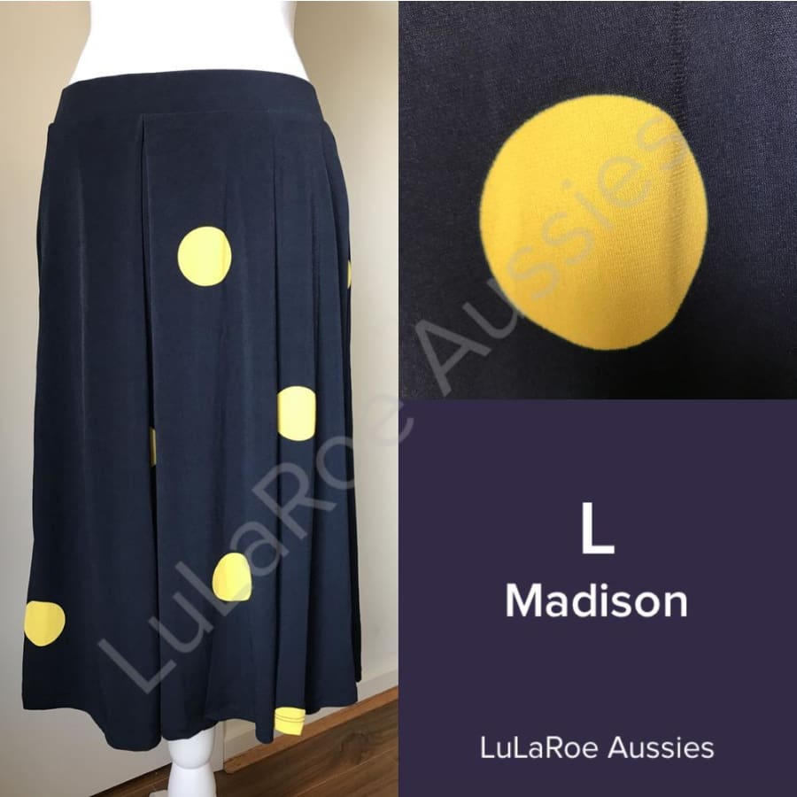 Lularoe Madison L / Navy With Yellow Dots, Slinky Skirts