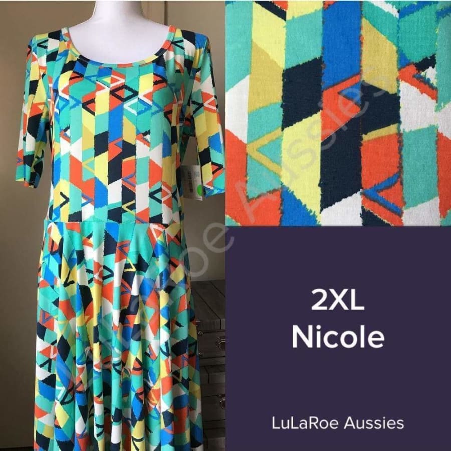 Lularoe Nicole 2Xl / Aqua/navy/orange/yellow/cream Geo Jersey Dresses