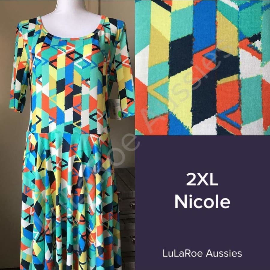 Lularoe Nicole 2Xl / Black Geo With Blue/orange/coral/grey Stripes Liverpool Dresses