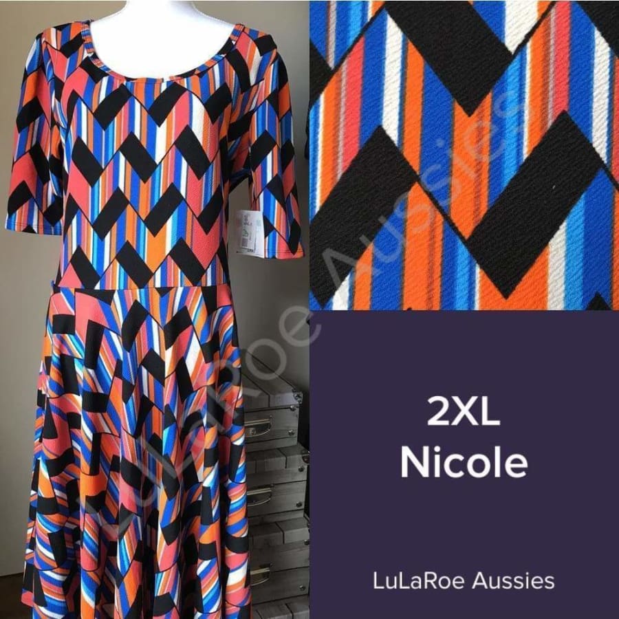 Lularoe Nicole 2Xl / Black Geo With Blue/orange/coral/grey Stripes Liverpool Dresses