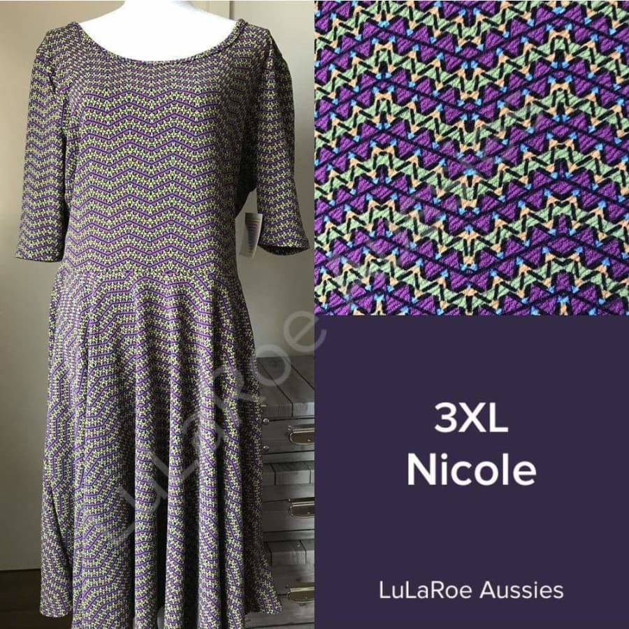 Lularoe Nicole 3Xl / Purple/olive/mustard/blue/black Geo Zigzag Liverpool Dresses