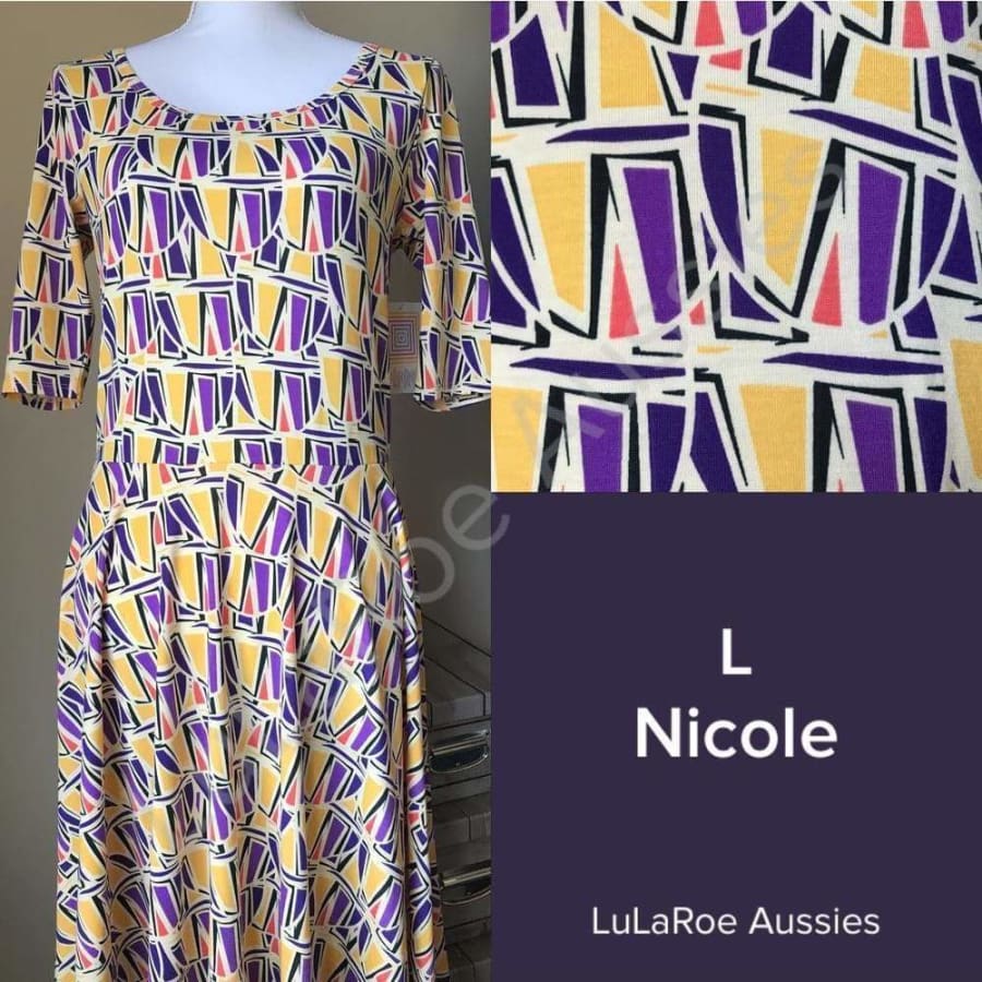Lularoe Nicole L / Cream With Black/coral/purple/yellow Sails Jersey Dresses