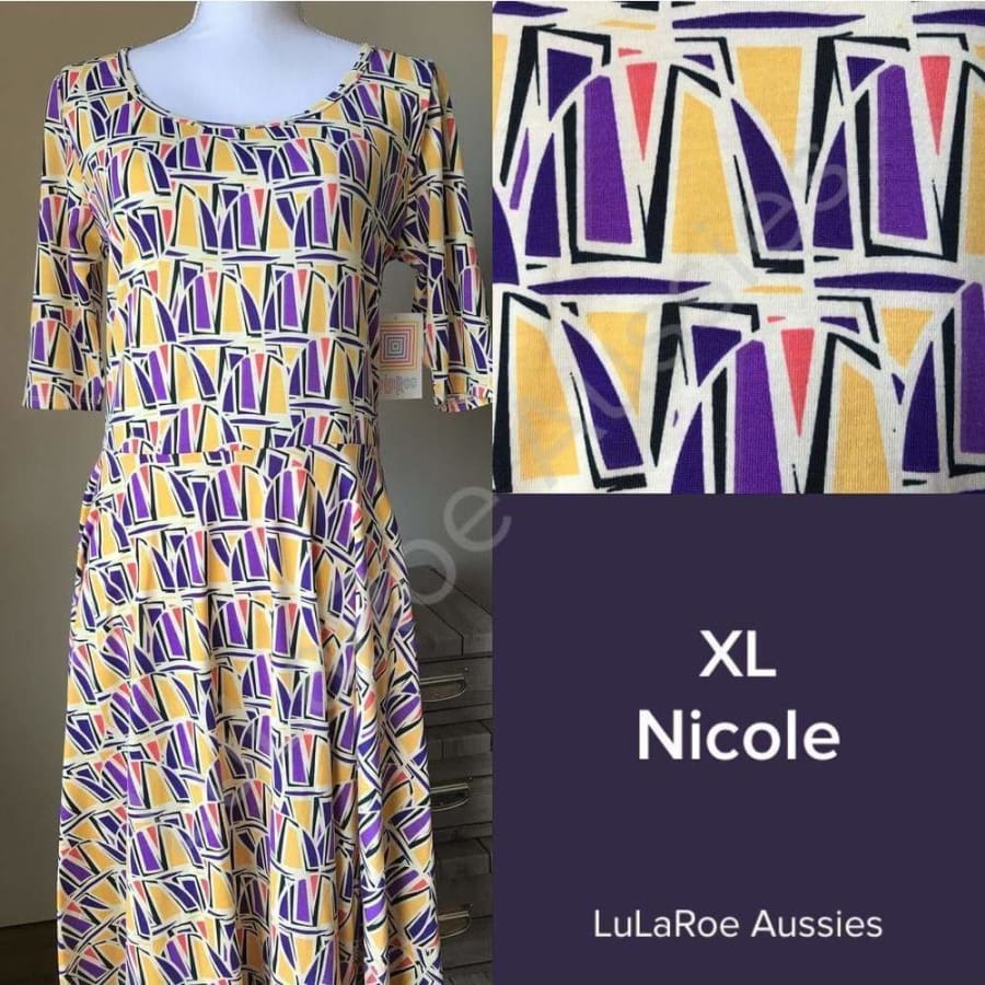 Lularoe Nicole Xl / Cream With Black/coral/purple/yellow Sails Jersey Dresses