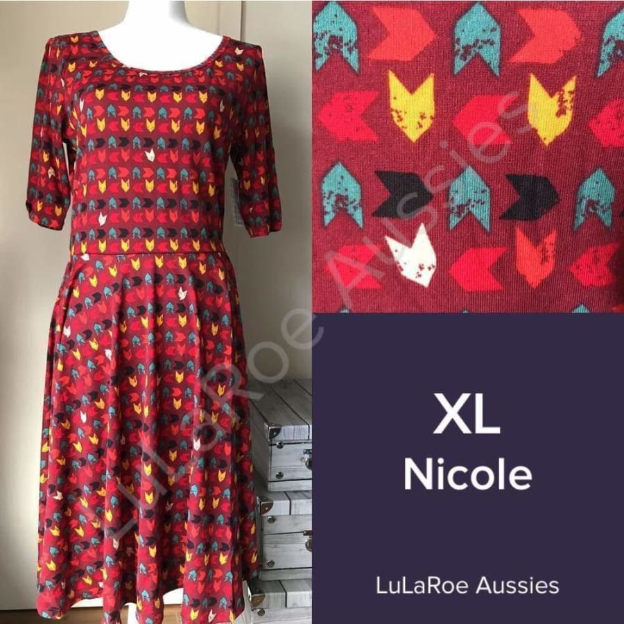 Lularoe Nicole Xl / Maroon With Green/black/yellow/orange/cream/red Arrows Jersey Dresses