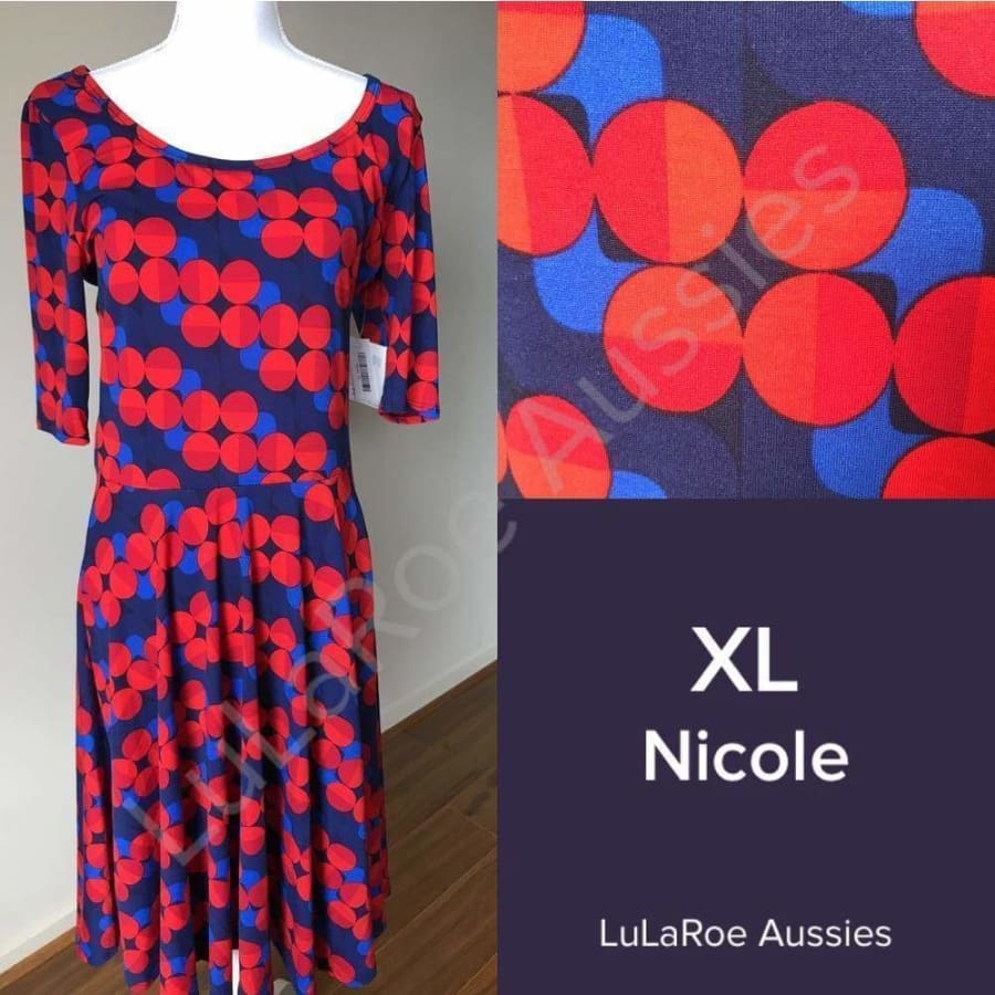 Lularoe Nicole Xl / Navy Blue/royal Blue/red Geo Jersey Dresses