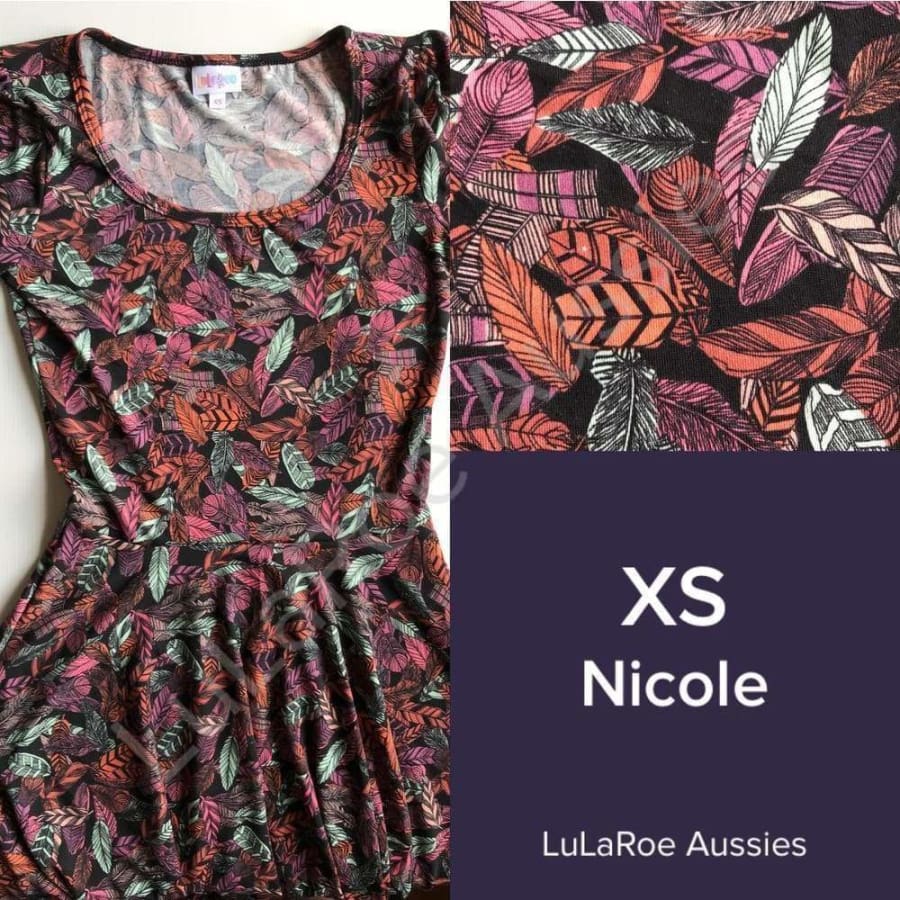 LuLaRoe Nicole XS / Black with orange mint magenta yellow feathers, jersey Dresses