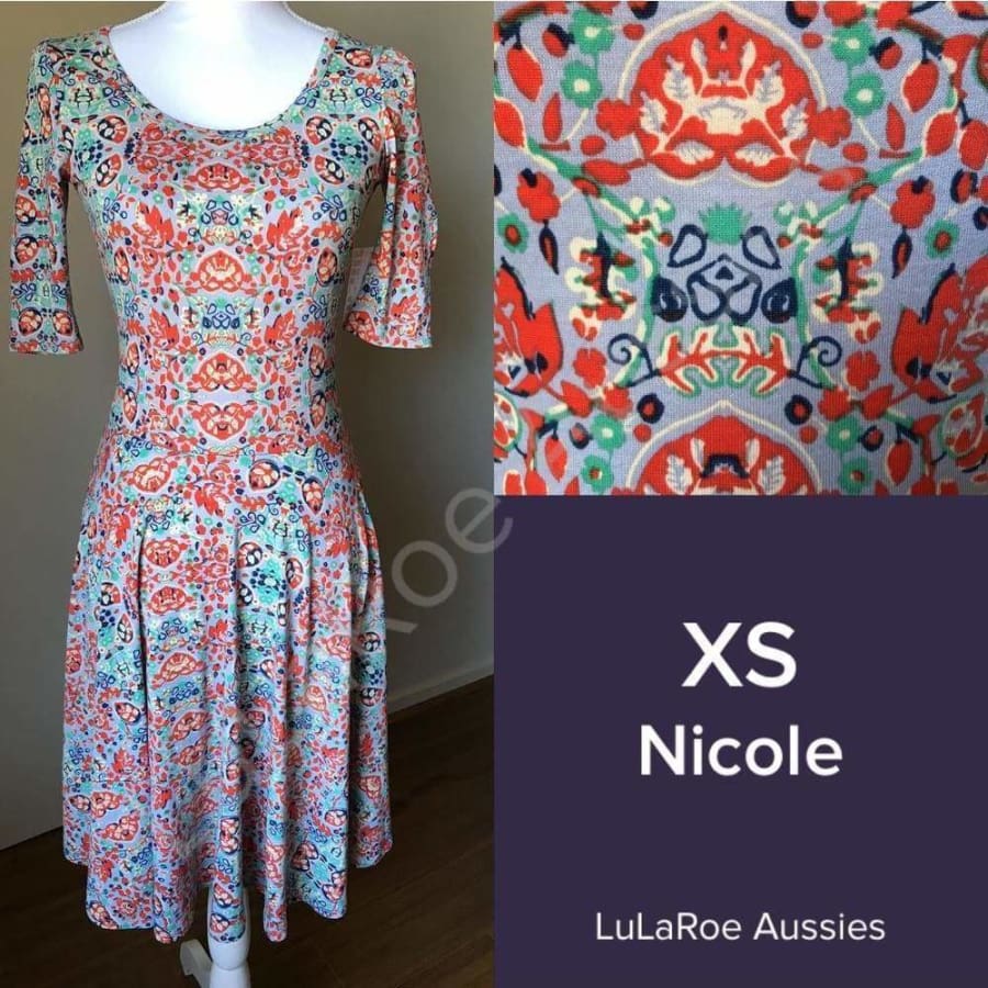 Lularoe Nicole Xs / Light Blue With Dark Orange/navy/aqua/cream Floral Jersey Dresses