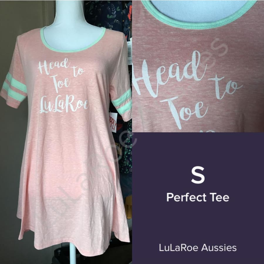 Lularoe Perfect T S / Lularoe Supply - Pink With Mint Ringer And Stripes Decal Tops