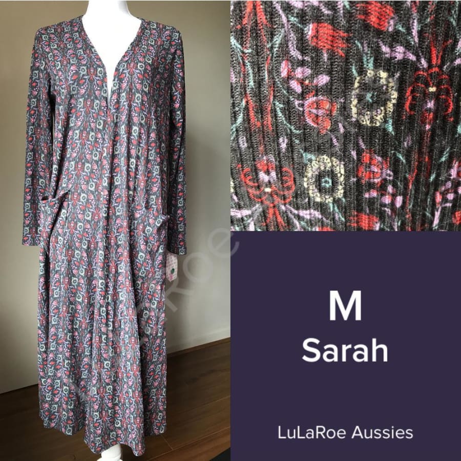 Lularoe Sarah M / Charcoal With Crimson/teal/purple/yellow Floral, Ribbed Knit Coverups