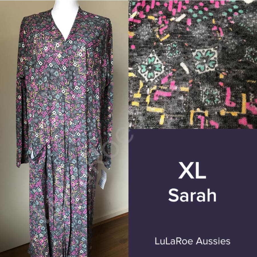 Lularoe Sarah Xl / Charcoal With Fuchsia/aqua/yellow/cream Geo, Linen Blend Coverups