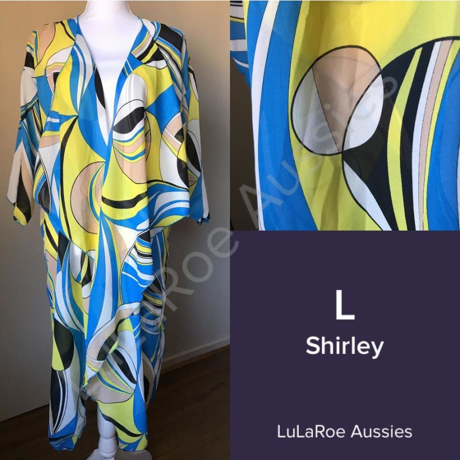 Lularoe Shirley L / Lemon/blue/tan/black/white Abstract Chiffon Coverups