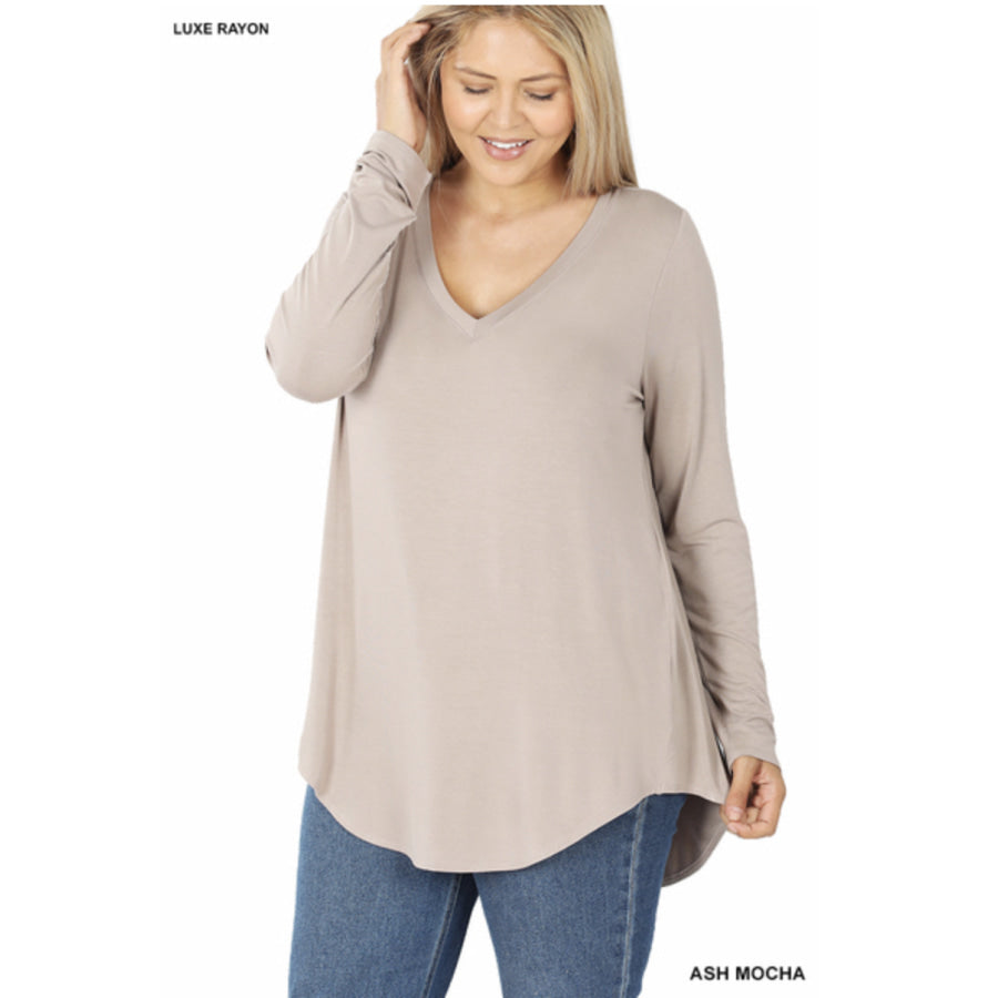 Luxe Long Sleeve V-Neck Hi-Low Hem Top - Ash Mocha S Tops