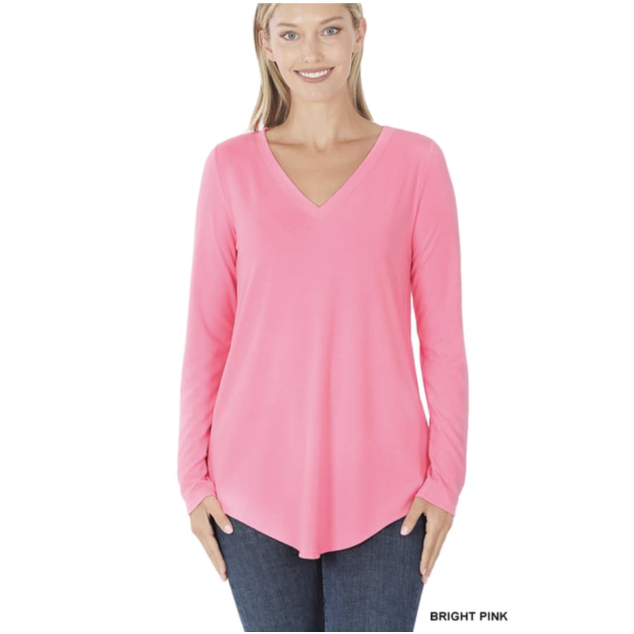 Luxe Long Sleeve V-Neck Hi-Low Hem Top - Bright Pink S Tops
