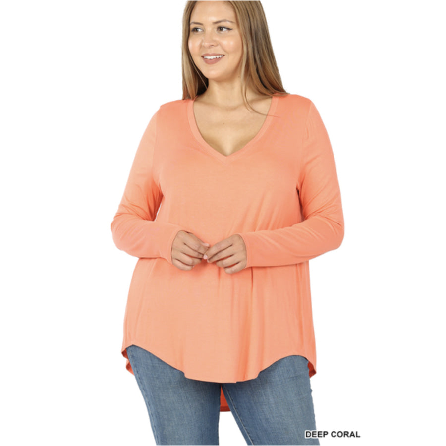 Luxe Long Sleeve V-Neck Hi-Low Hem Top - Deep Coral 1XL Tops