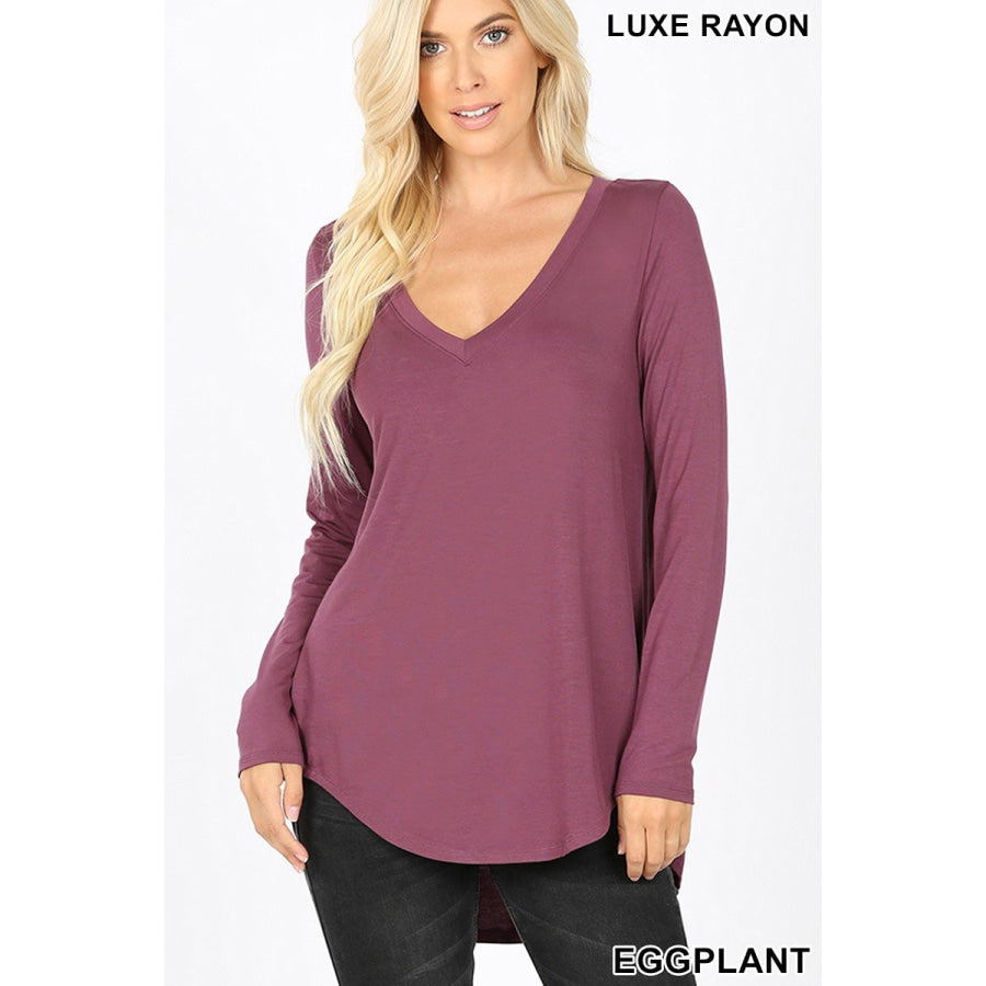 Luxe Long Sleeve V-Neck Hi-Low Hem Top Tops