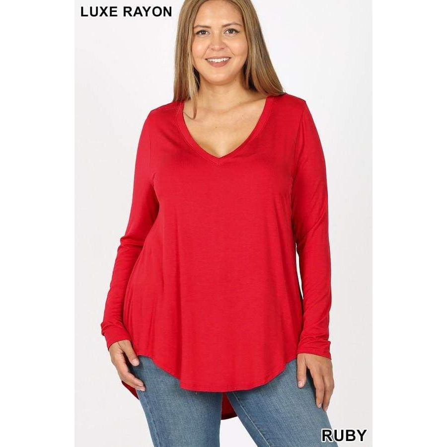 Luxe Long Sleeve V-Neck Hi-Low Hem Top - Ruby Ruby / S Tops