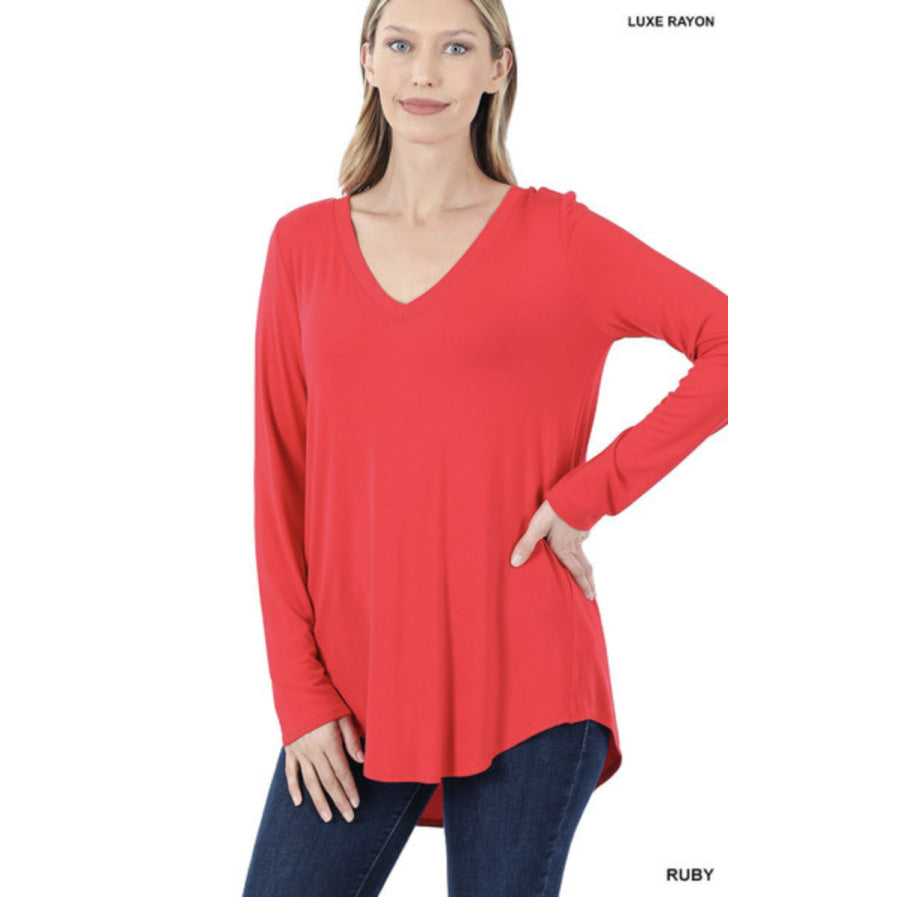 Luxe Long Sleeve V-Neck Hi-Low Hem Top - Ruby Ruby / S Tops