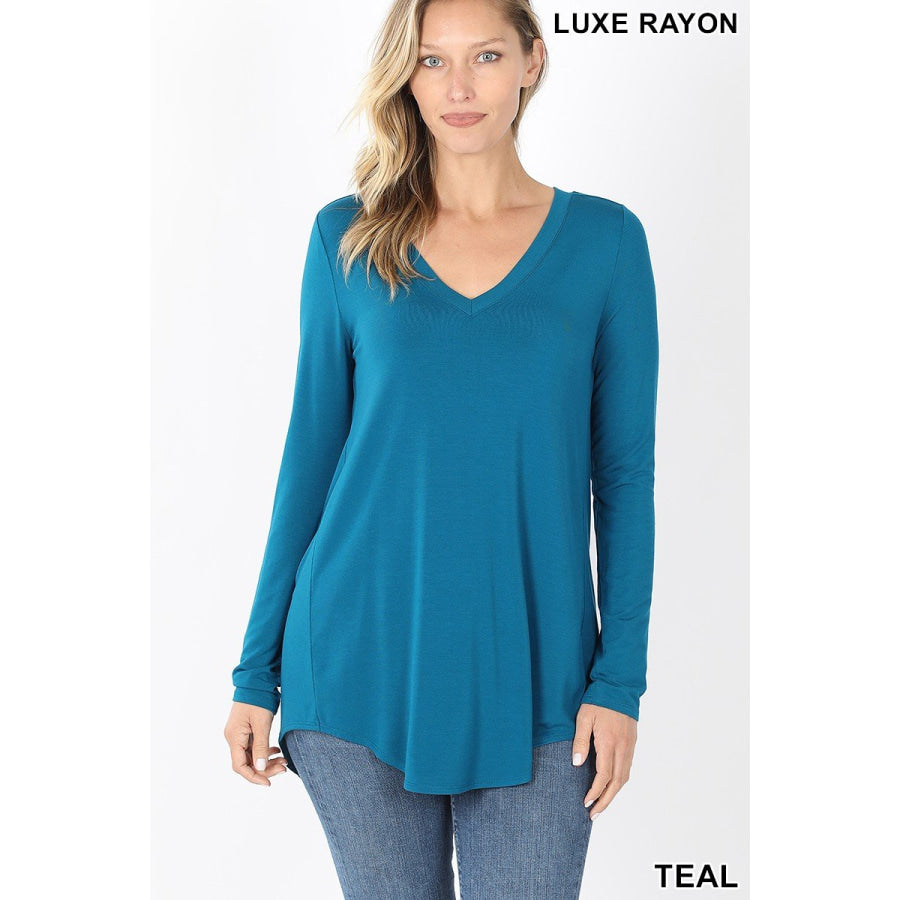 Luxe Long Sleeve V-Neck Hi-Low Hem Top Tops