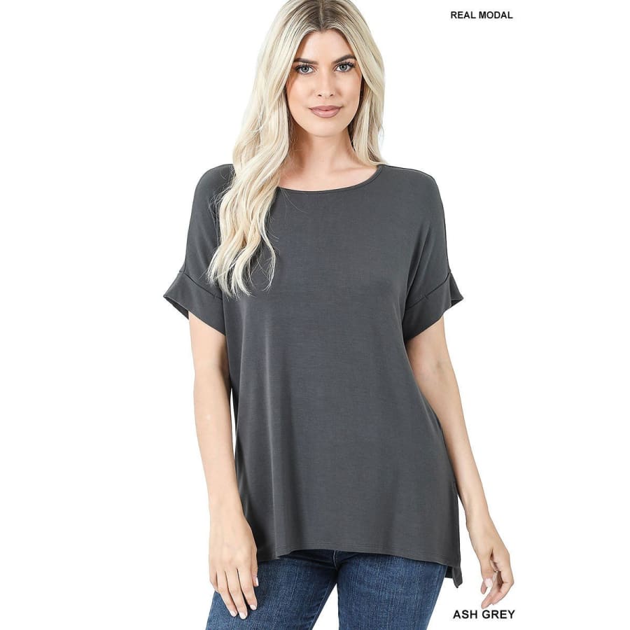 NEW! Luxe Modal Short Cuff Sleeve Boat Neck Top with High-Low Hem Ash Grey / S Tops